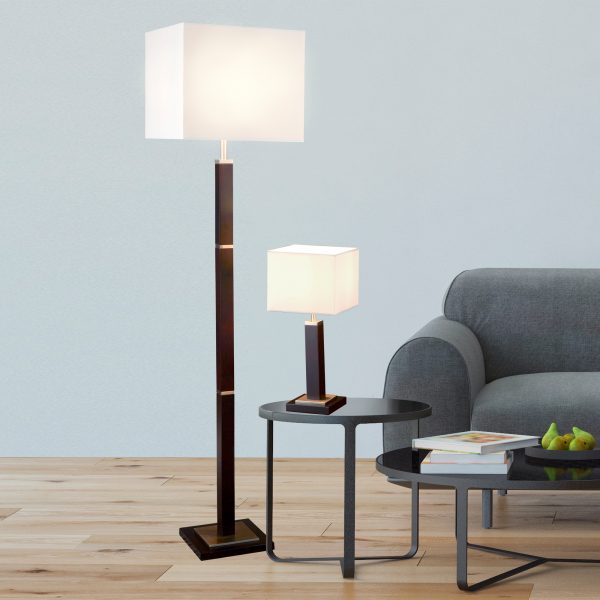 WAVERLEY - TABLE LAMP, BROWN WOOD & SS BASE, WHITE SHADE